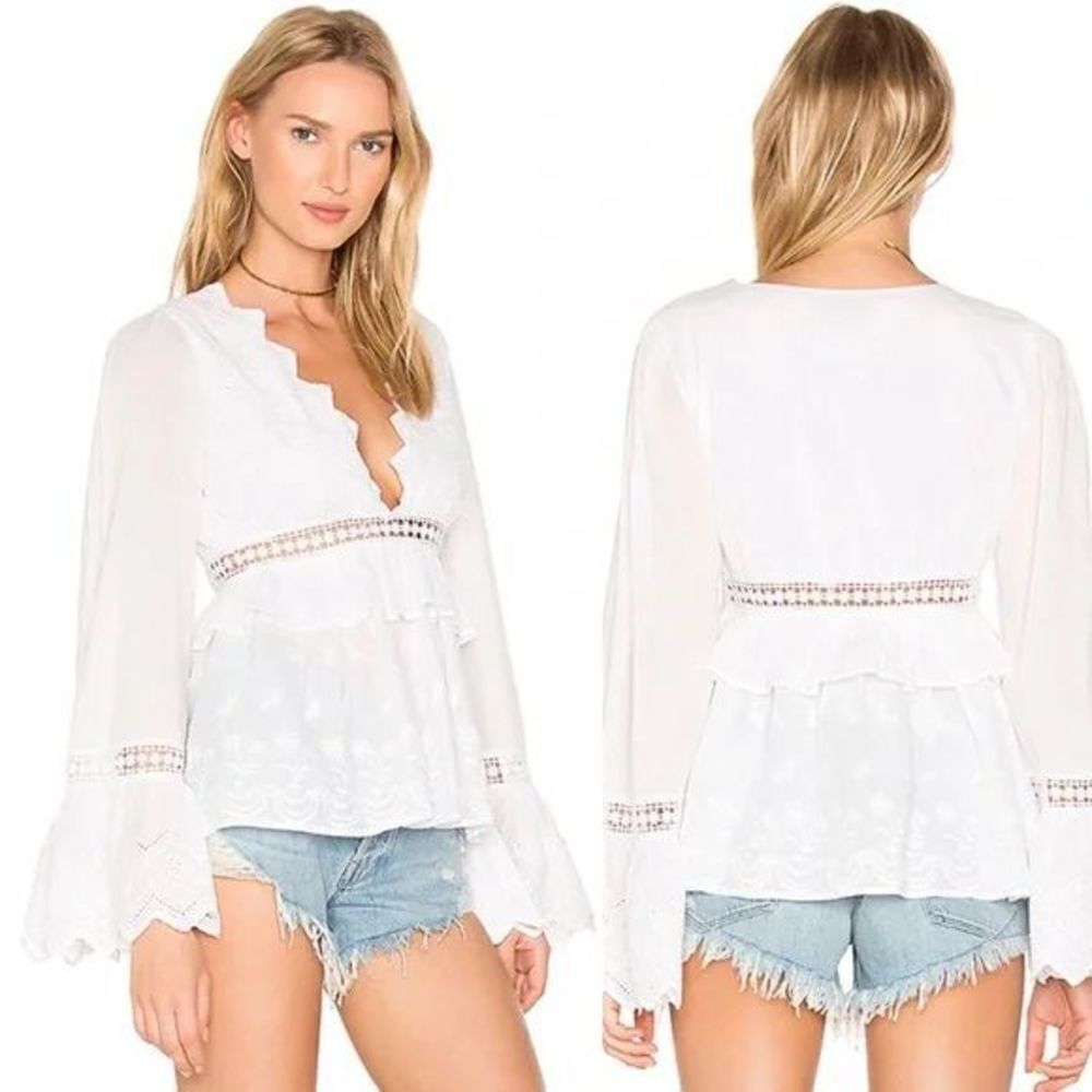 MAJORELLE Western Ridge Bell Sleeve Lace Deep Plunge Cotton Blouse White…